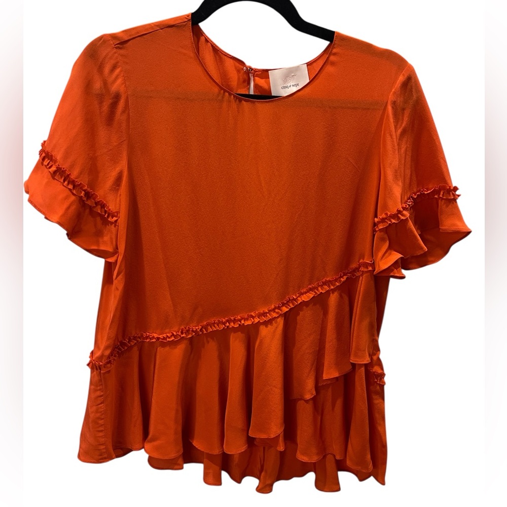 Cinq a Sept Orange Silk Ruffled Women's Top Size S